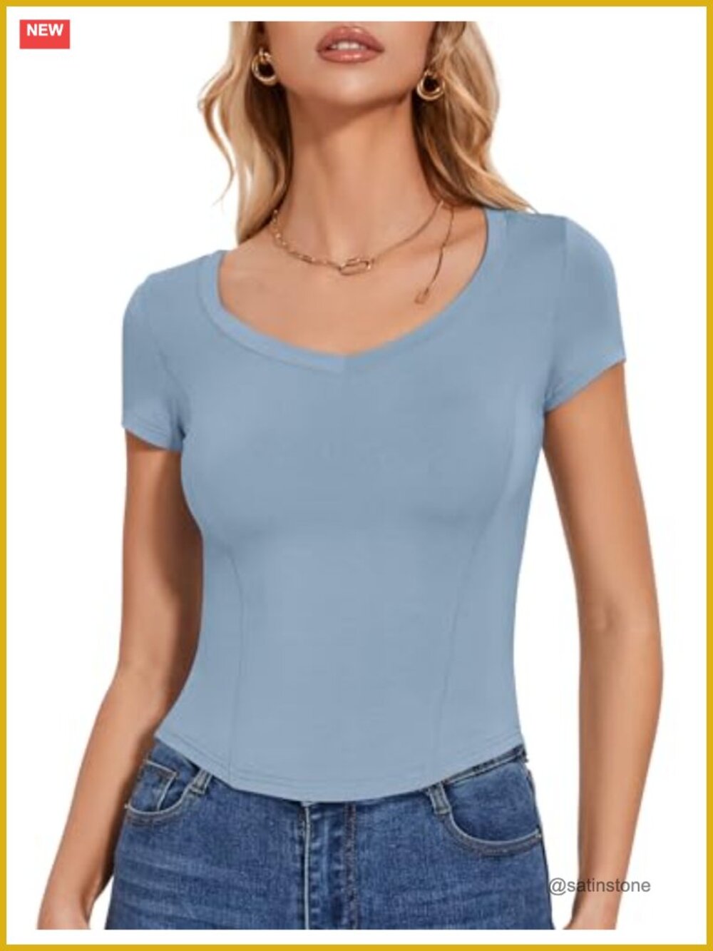 Women's V-Neck Short Sleeve Fitted Tee Curved Hem Cotton Summer Top